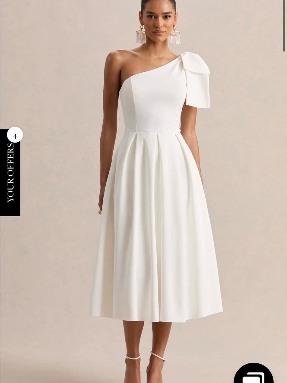 One-Shoulder White Midi Dress with Bow